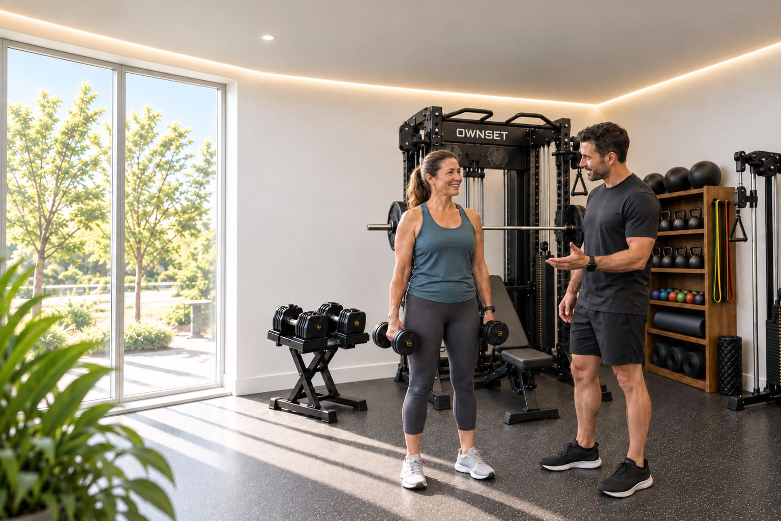 Concept image of a personal trainer coaching a client in a private gym studio.
