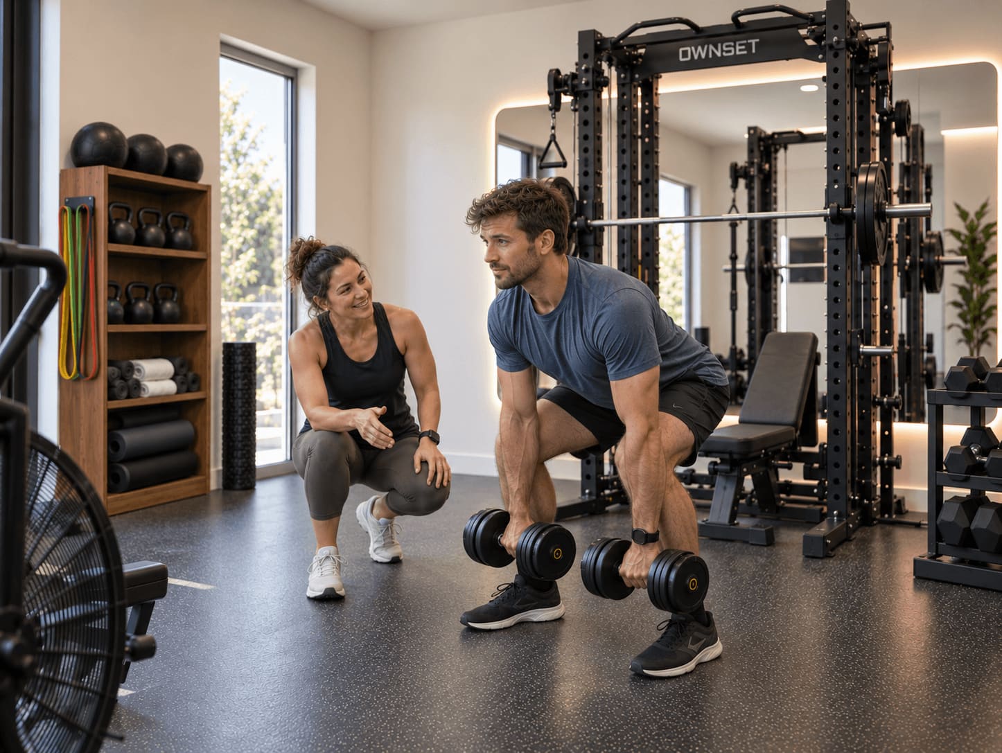 A personal trainer coaching a client in an OWNSET private studio concept.