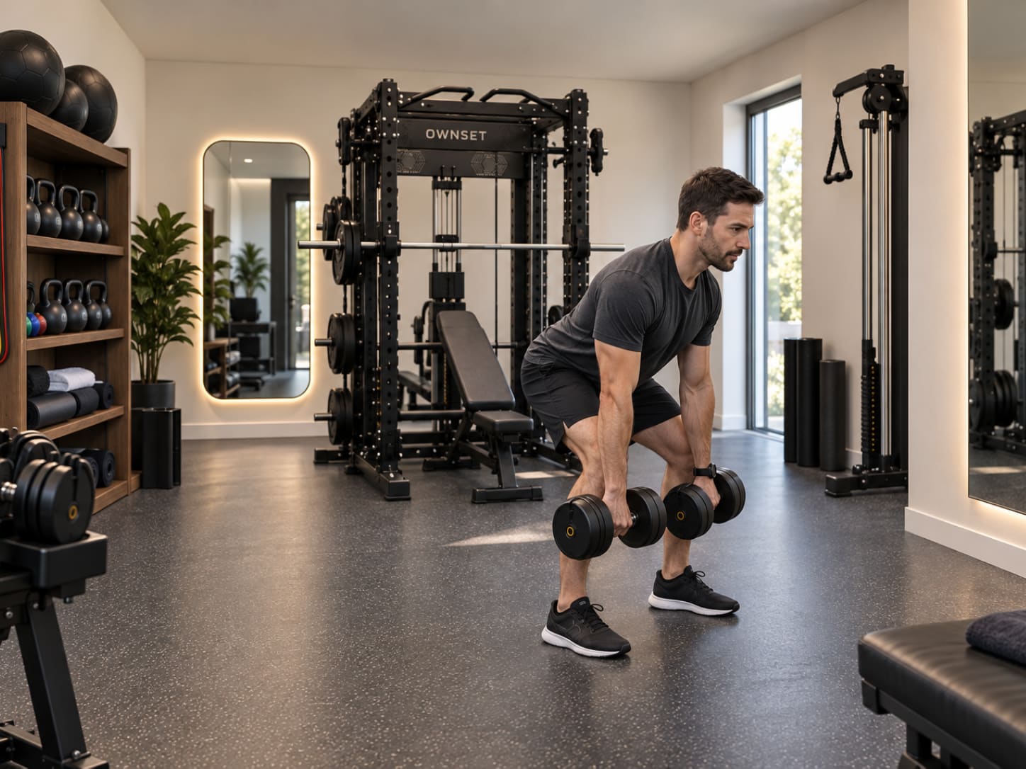 Concept image of one person training independently with dumbbells in a private gym studio.