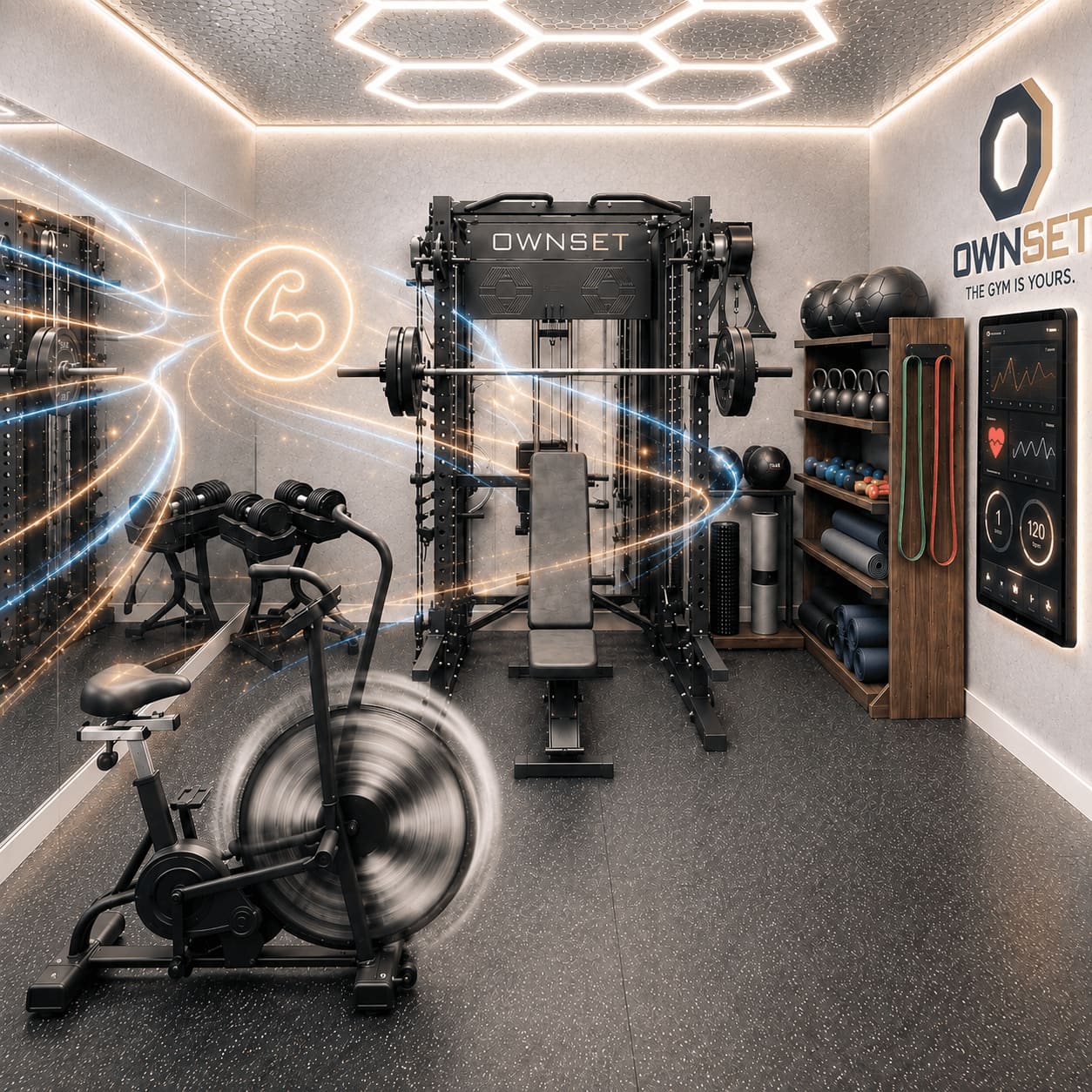 Illustration of a strength-training studio with a rack, bench and weights.