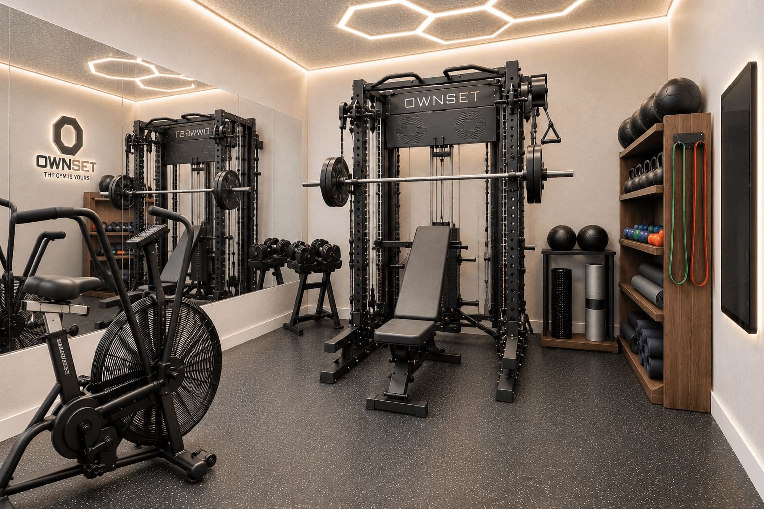An empty strength-training studio concept with rack, bench, dumbbells and air bike.