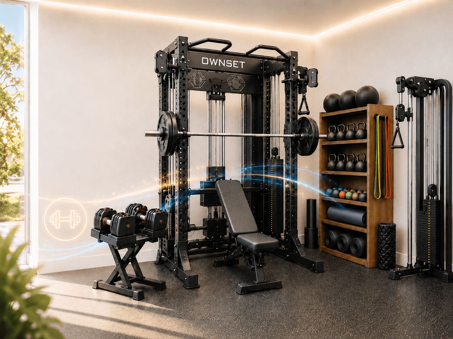 Rack, bench, cables and free weights in a private studio concept.